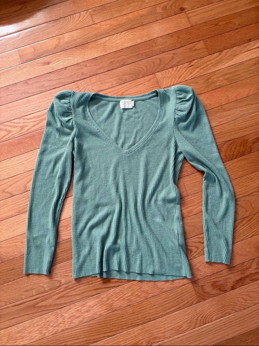 Nation LTD Ribbed V-Neck Long Sleeve Top in Sage Green